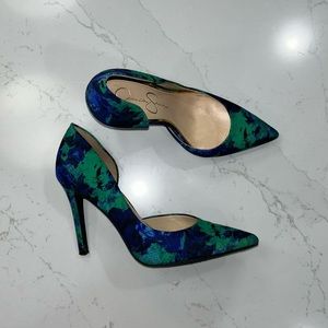 Jessica Simpson Claudette Blue Green Floral d'Orsay Pointed Toe Pumps 7 M